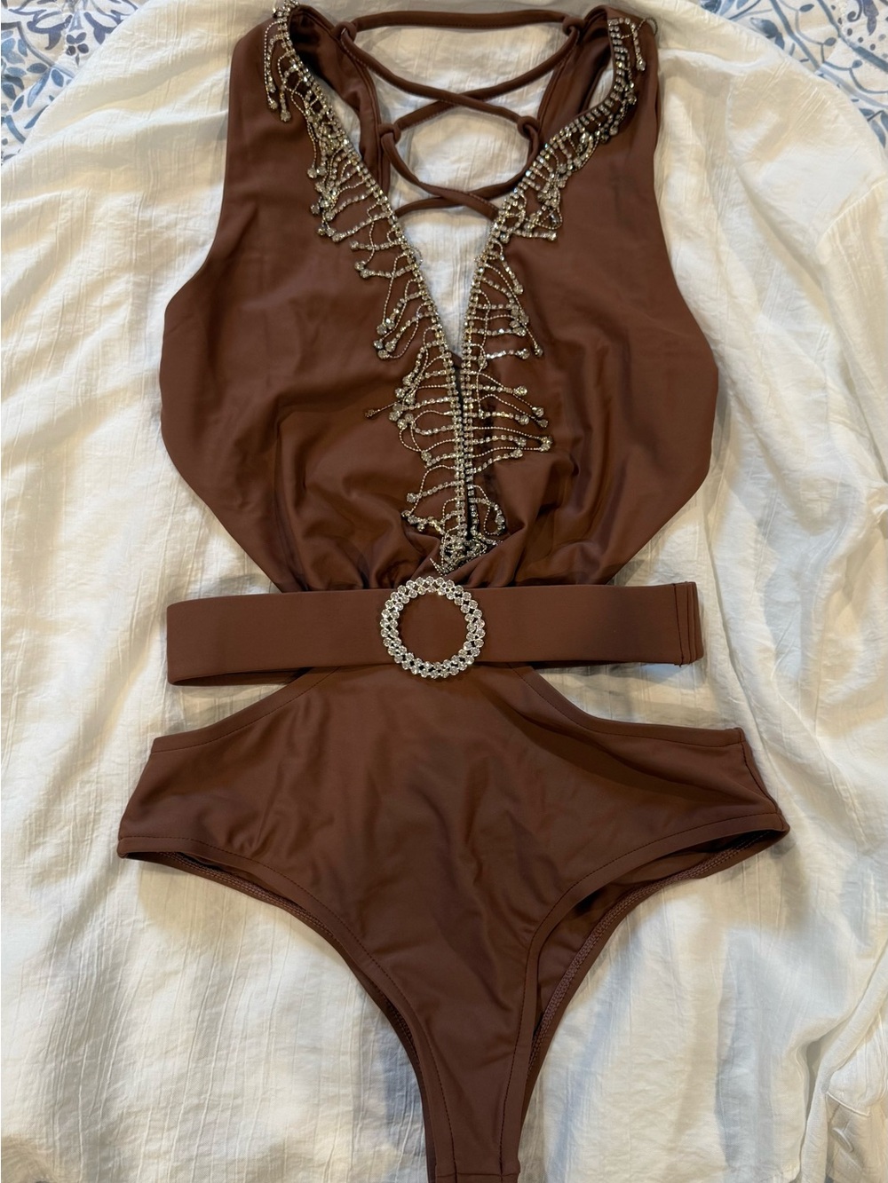 Fashion Nova Brown Jeweled One-Piece with Decorative Belt